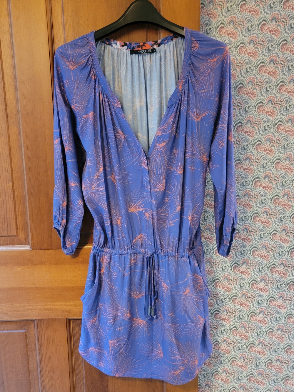 Shoulder Brazil Purple/Coral Pine Needle  Boho Mini Dress Pockets Size P (US S)